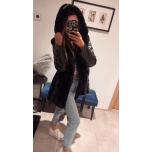 Must karvaga nahkne mantel kapuutsi ja vööga 